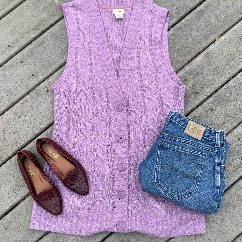 L.L. Bean Lavender Cable Knit Sweater Vest | Vintage Button Up Sleeveless Romper